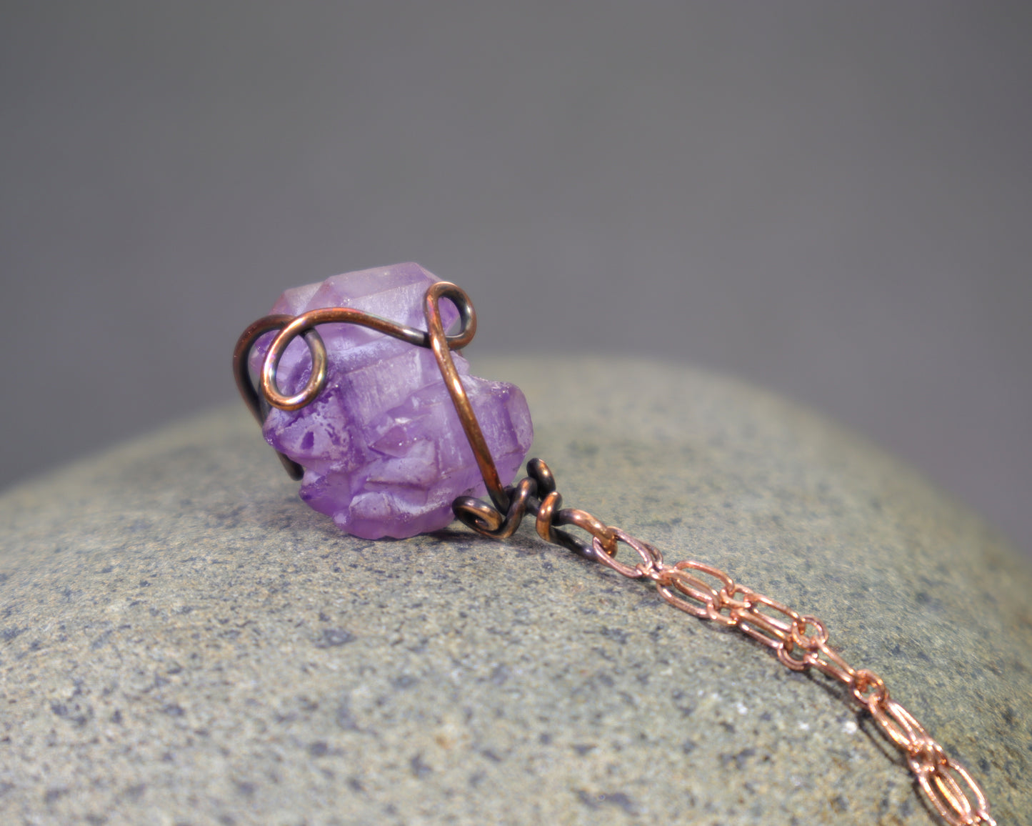 One of a kind raw amethyst gemstone pendant on adjustable copper chain