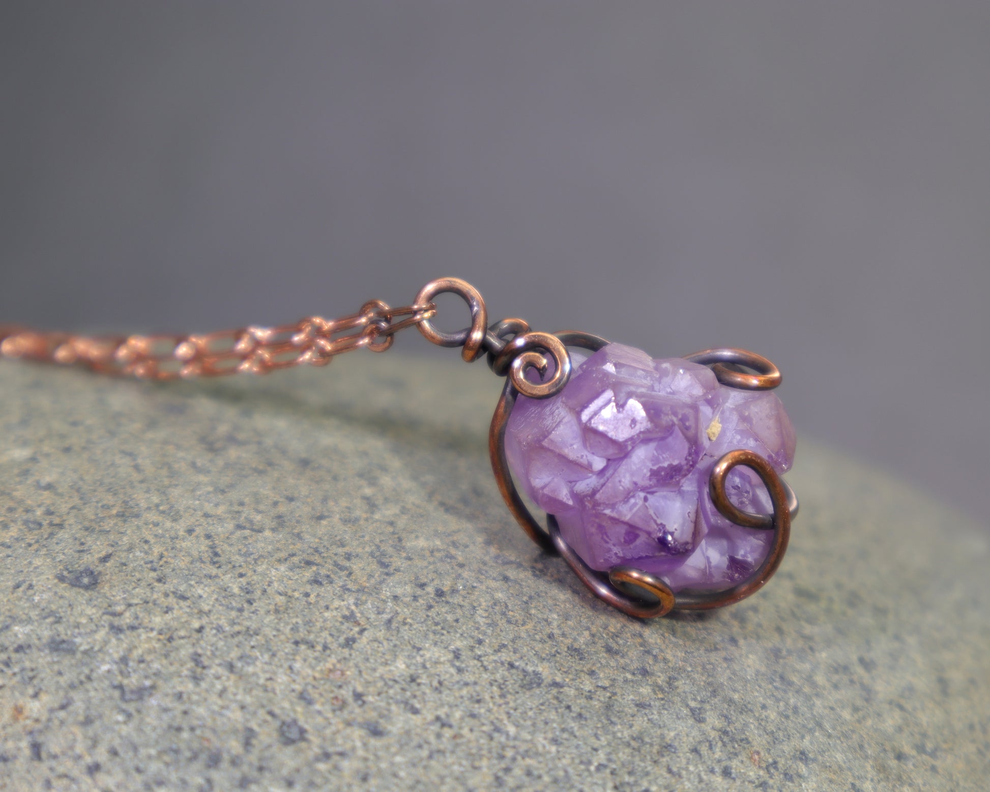 Natural elestial amethyst quartz gemstone pendant handmade in copper