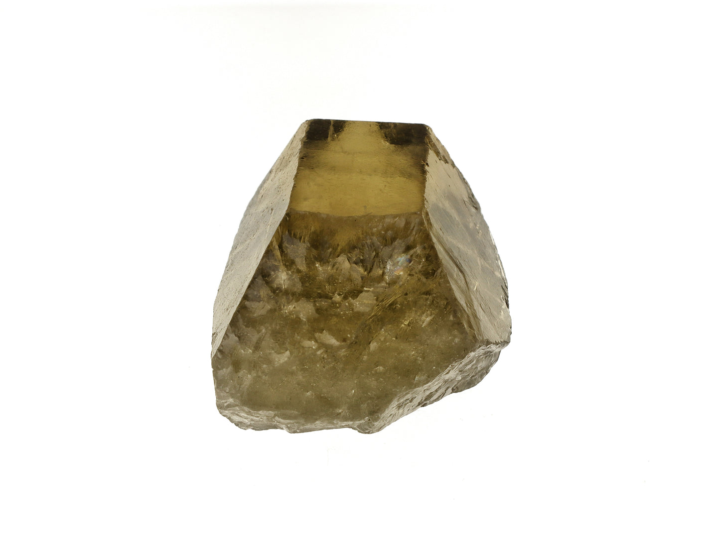 Close up of the base of a raw citrine crystal on a white background