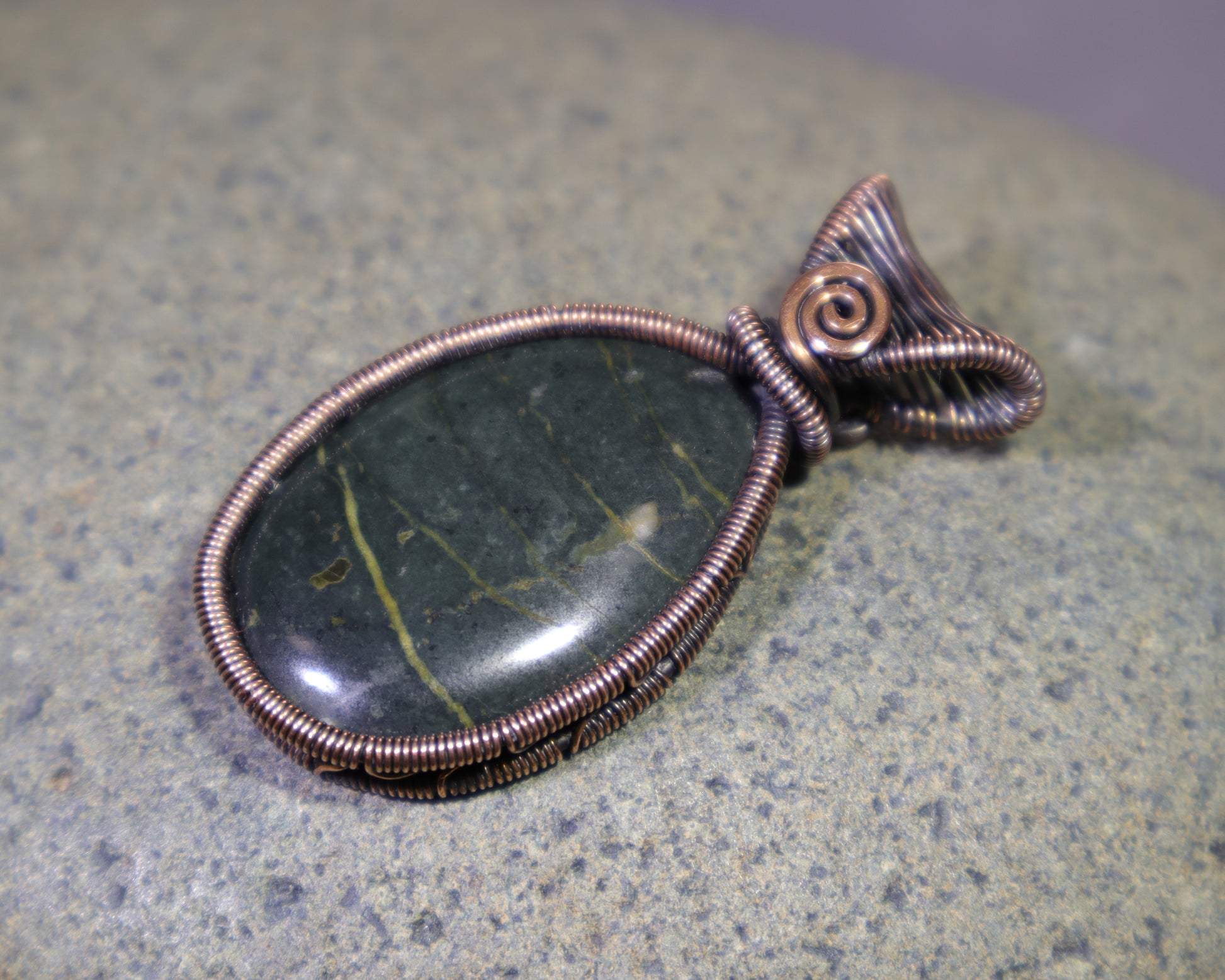 Plasma heliotrope gemstone pendant handcrafted with copper wire