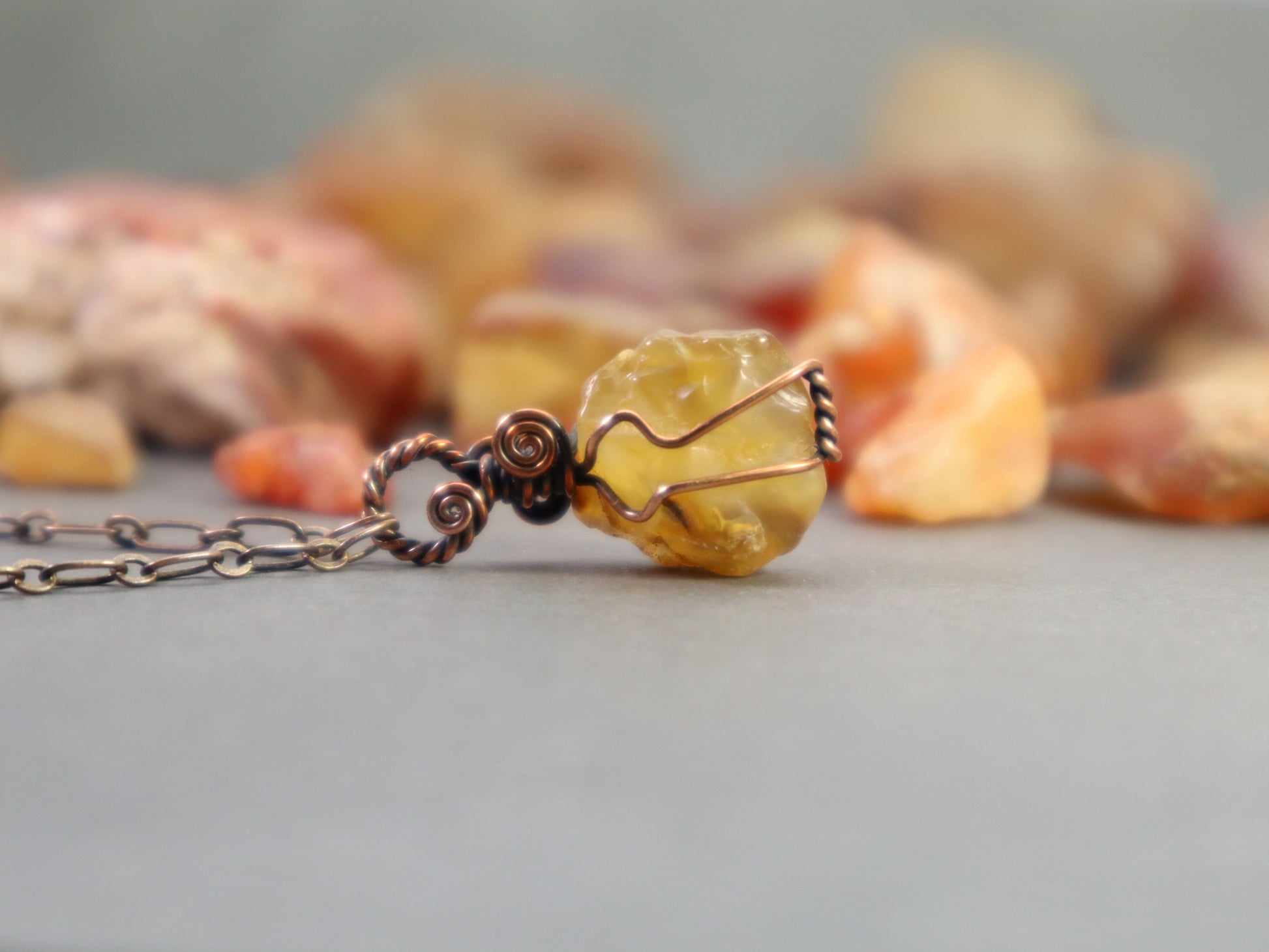 Raw carnelian agate crystal pendant necklace wire wrapped in copper on adjustable chain - stone rockhounded in Washington State.