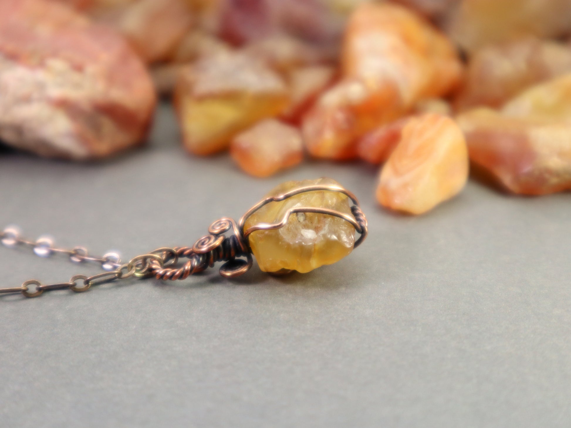 Raw Washington State carnelian gemstone pendant with copper chain