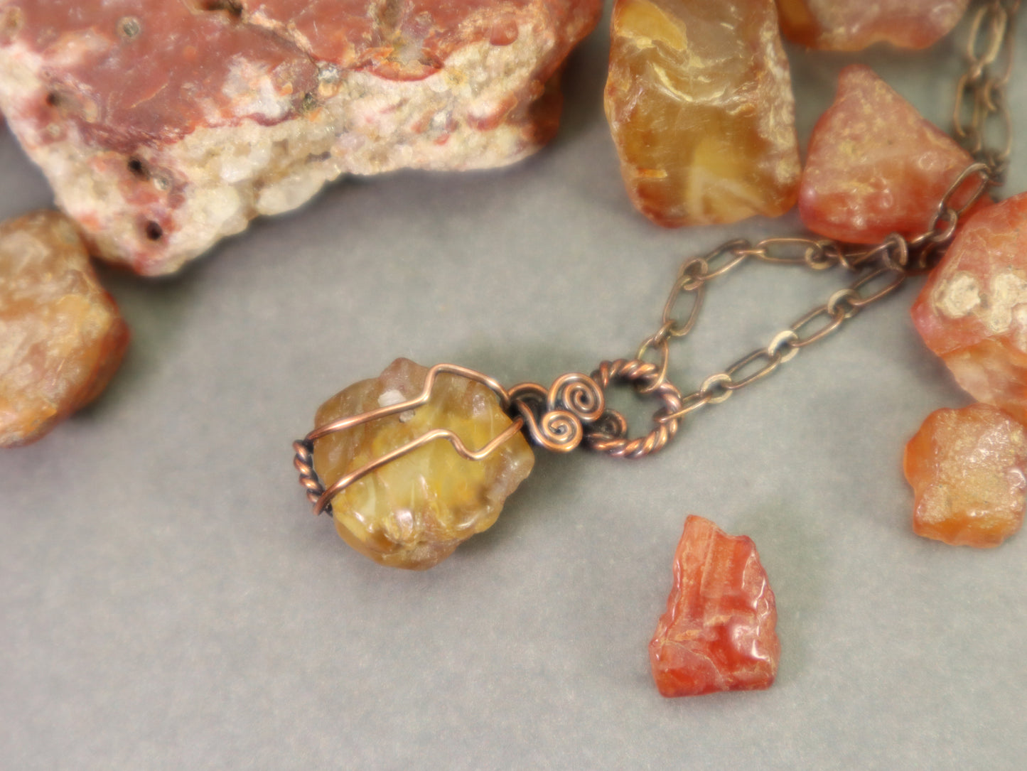 Yellow orange carnelian crystal jewelry with handcrafted copper chain