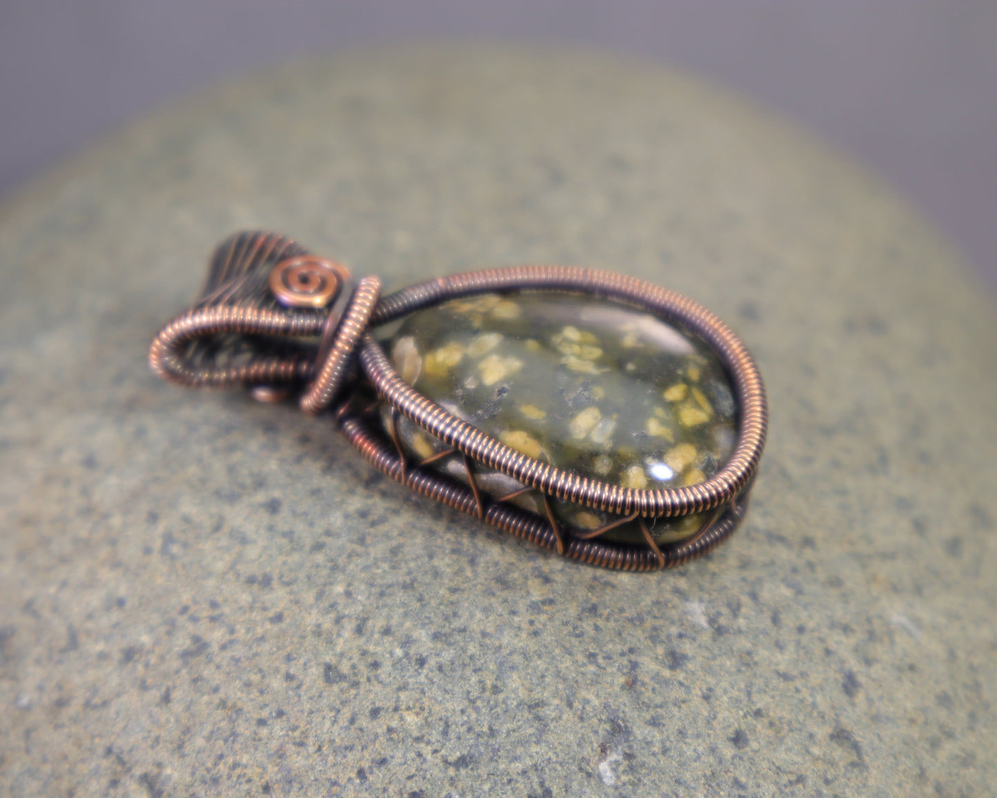 Wire wrapped green jasper jewelry handcrafted in pure copper
