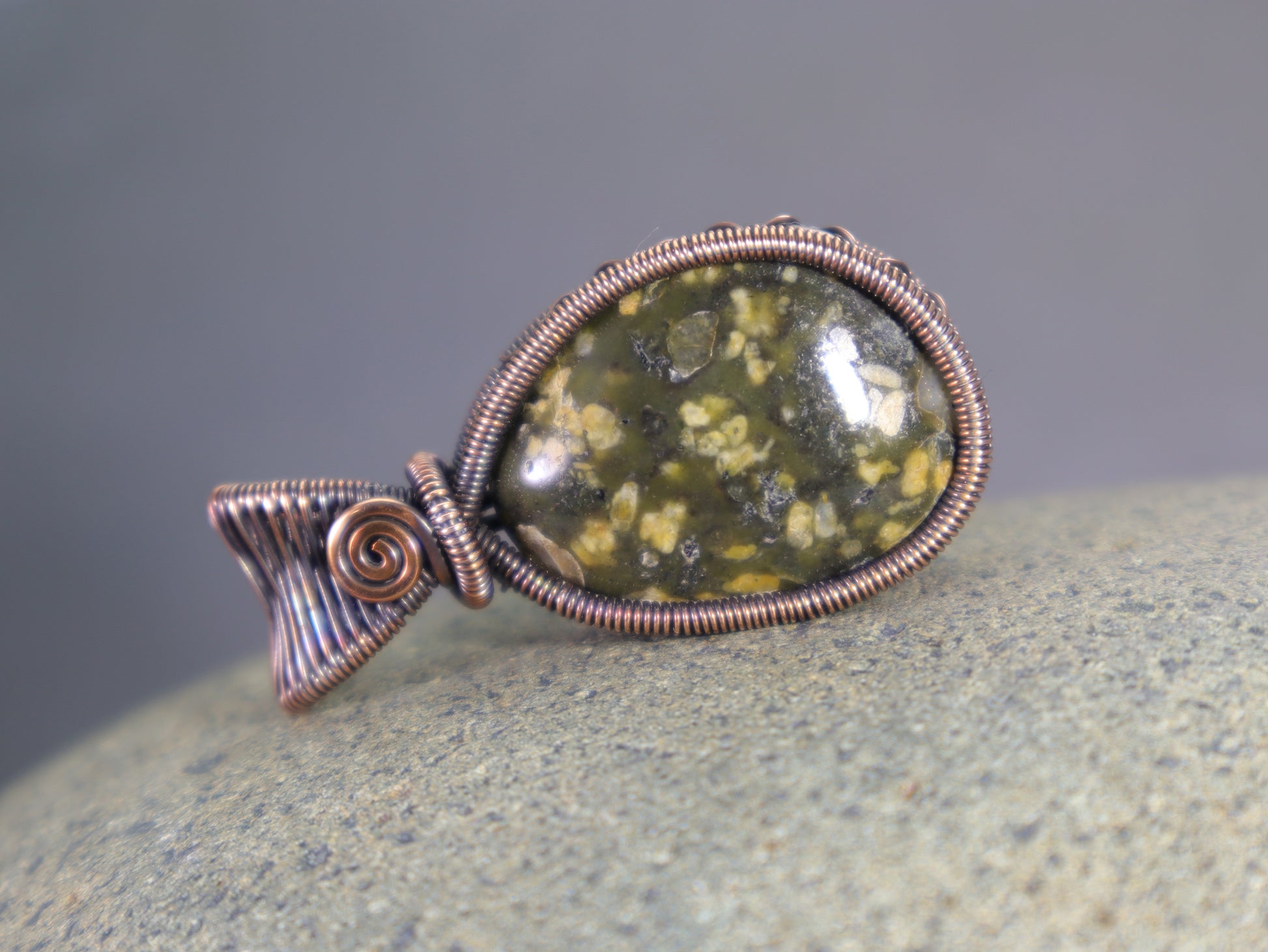 Artisan copper wrapped green jasper statement pendant