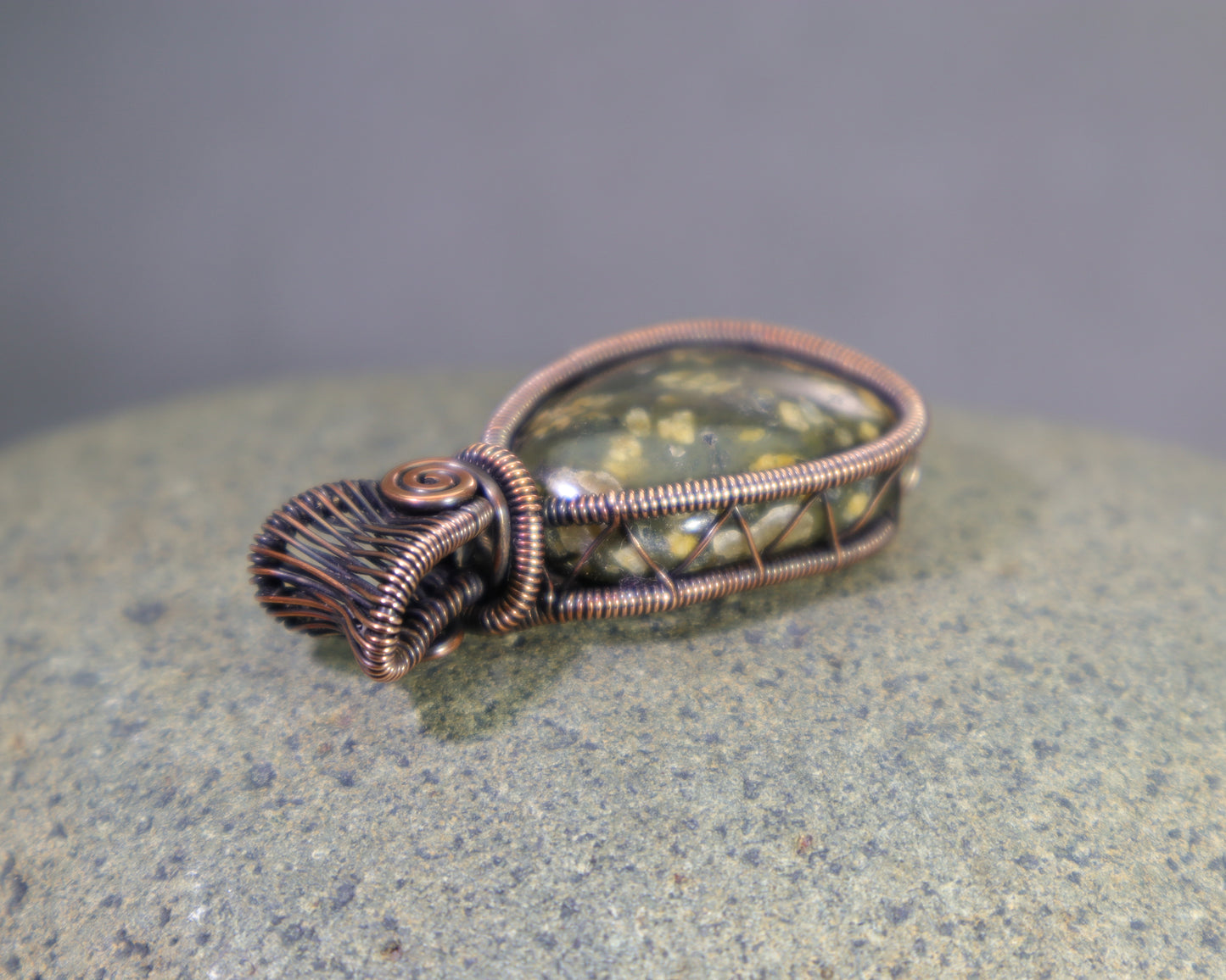 Rustic copper wire weave pendant with natural green jasper