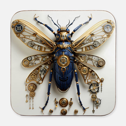 Steampunk animatronic bee coaster featuring a hybrid design in blue and brass, surrounded by gears and vintage-style elements.