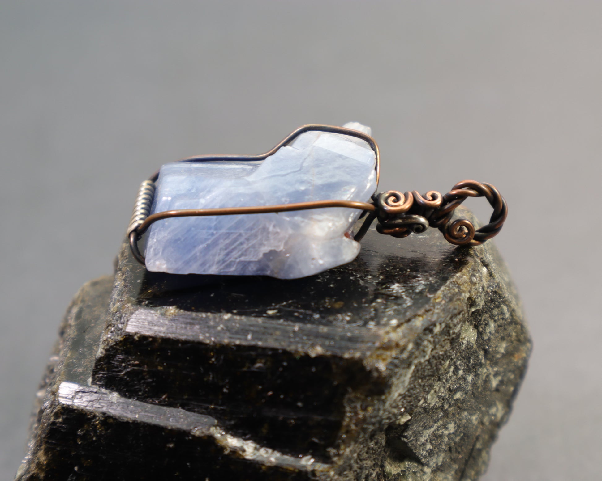 Hypoallergenic blue calcite crystal pendant handcrafted in Washington