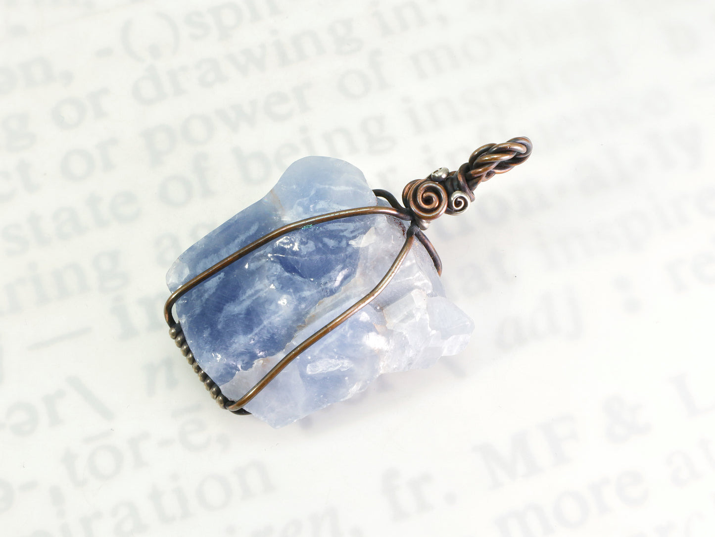 OOAK blue calcite gemstone pendant handmade in oxidized copper and silver