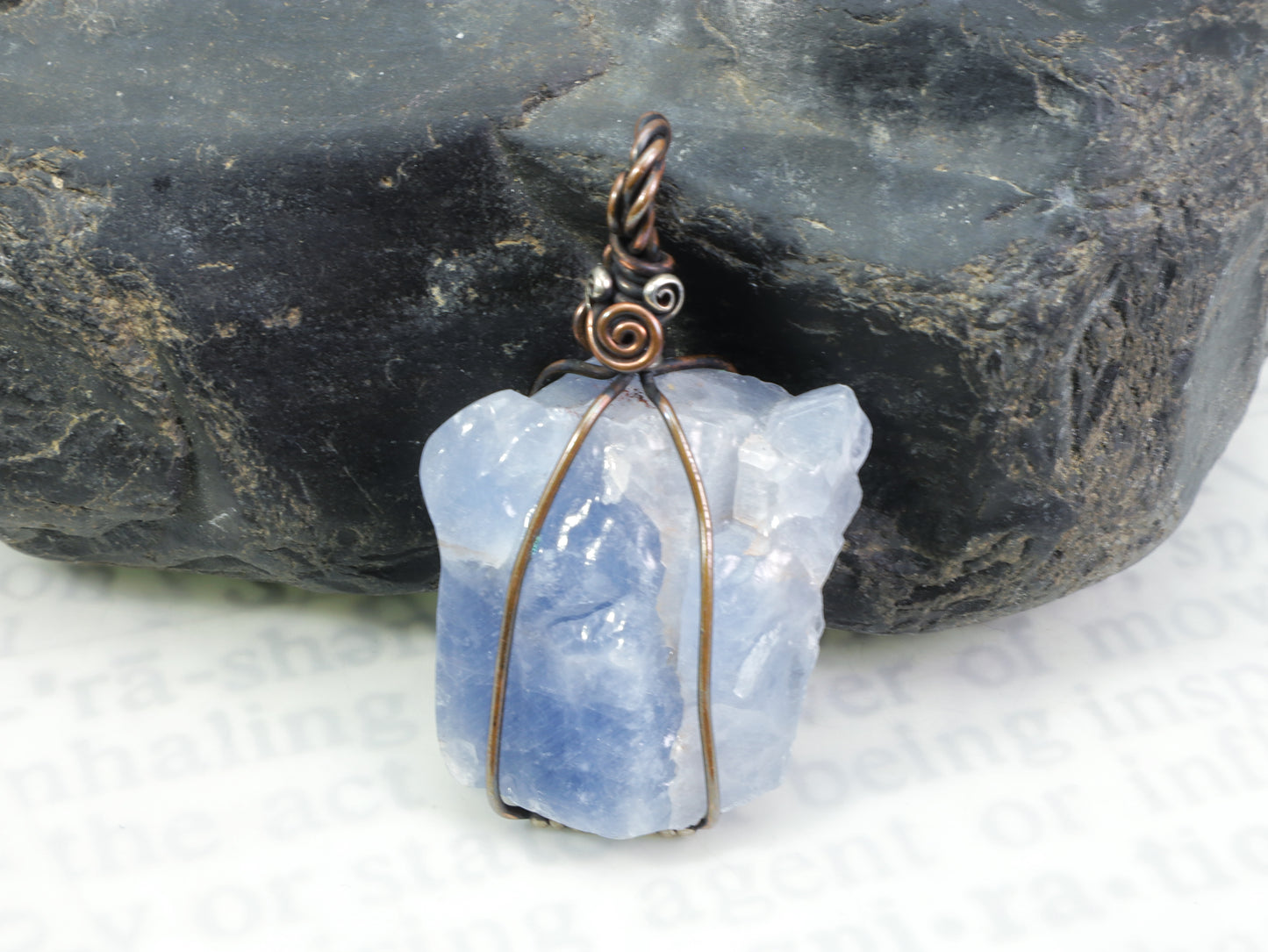 Handmade blue calcite gemstone pendant with antiqued copper and silver wire