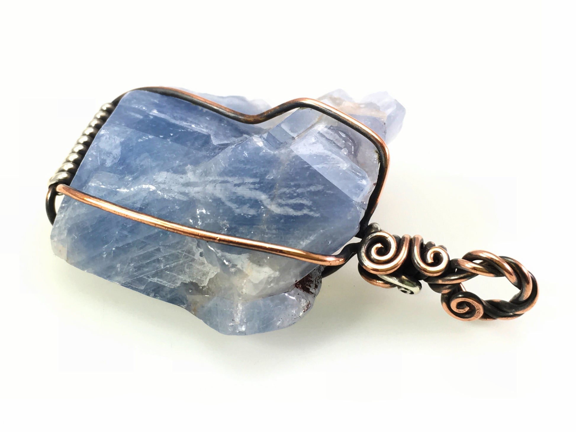 Blue calcite throat chakra pendant with handmade wire wrapped setting