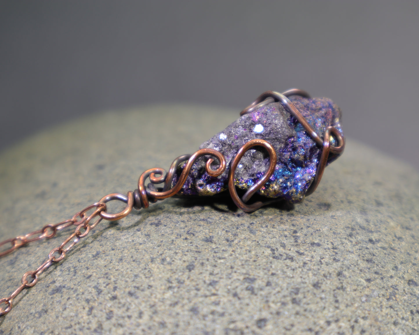Peacock Ore Crystal Pendant Necklace, Wire Wrapped Bornite & Chalcopyrite