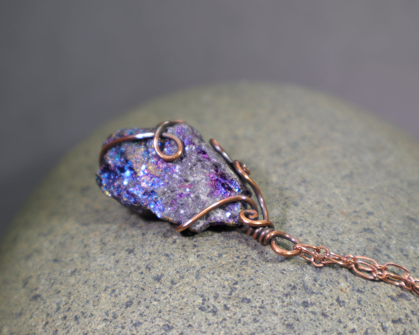 Peacock Ore Crystal Pendant Necklace, Wire Wrapped Bornite & Chalcopyrite