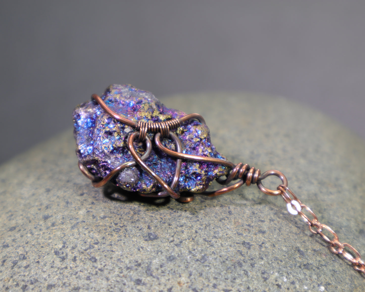 Peacock Ore Crystal Pendant Necklace, Wire Wrapped Bornite & Chalcopyrite