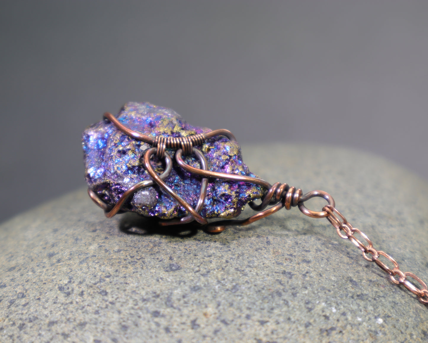 Peacock Ore Crystal Pendant Necklace, Wire Wrapped Bornite & Chalcopyrite