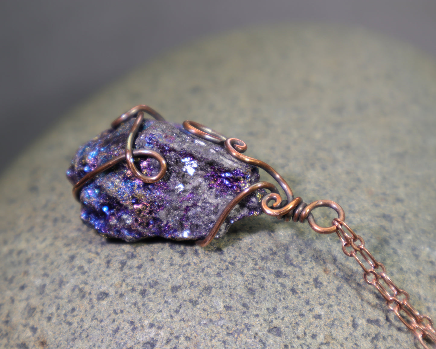 Peacock Ore Crystal Pendant Necklace, Wire Wrapped Bornite & Chalcopyrite