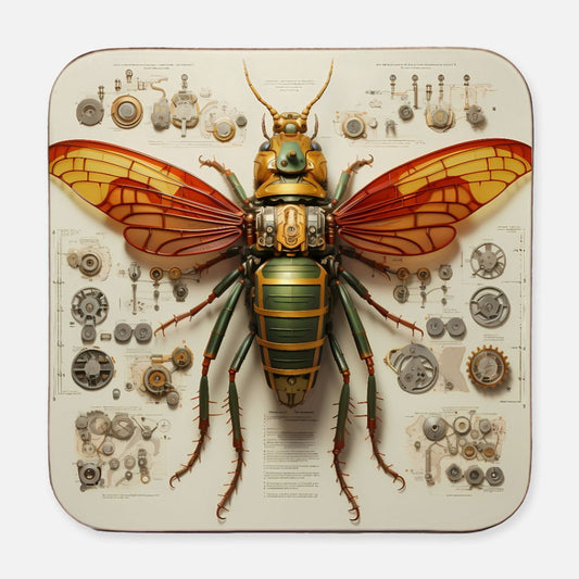 Steampunk Bee Coasters Set of 4 - Vintage Robotic Insects on Square Hardboard
