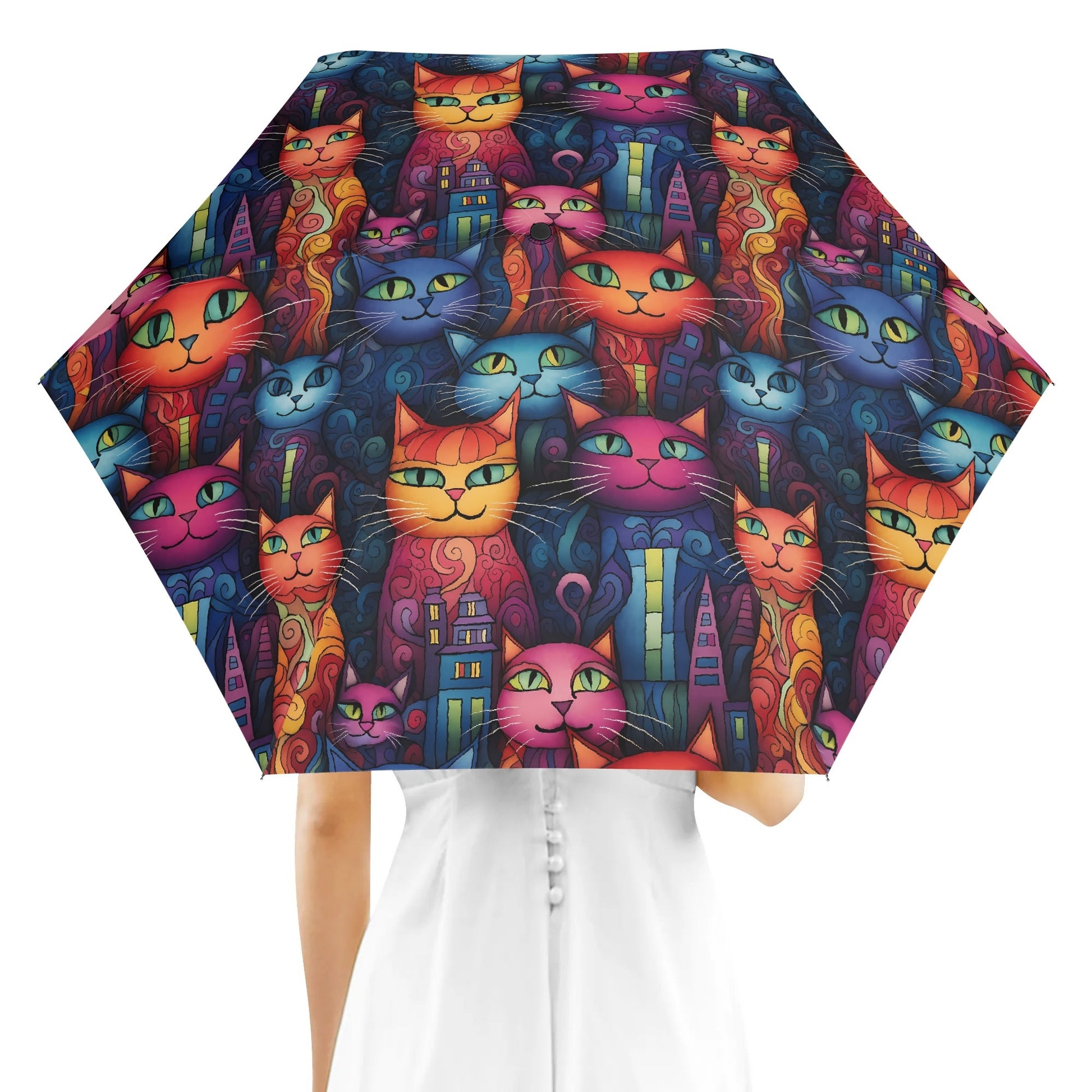 Colorful Catopolis cat auto open umbrella with whimsical cat city design
