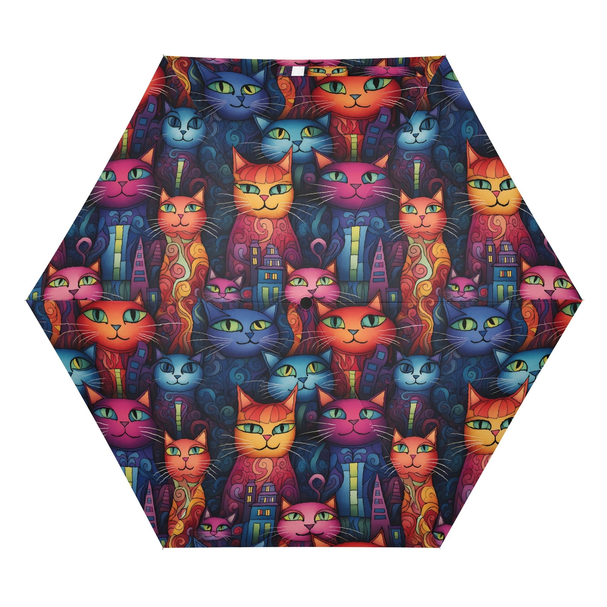 Catopolis folding umbrella featuring vibrant cat artwork