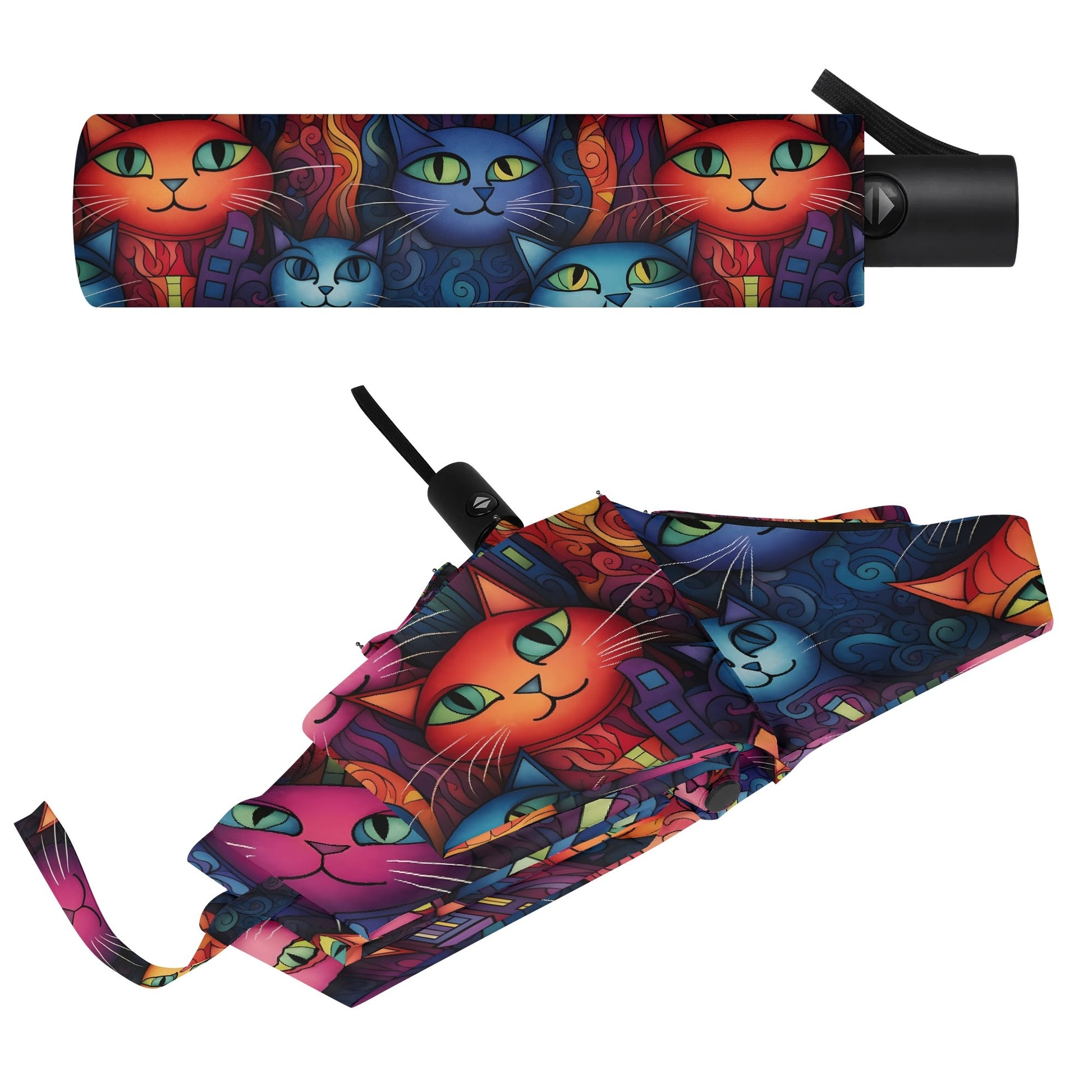 Colorful cat-patterned umbrella with a matching case on a white background