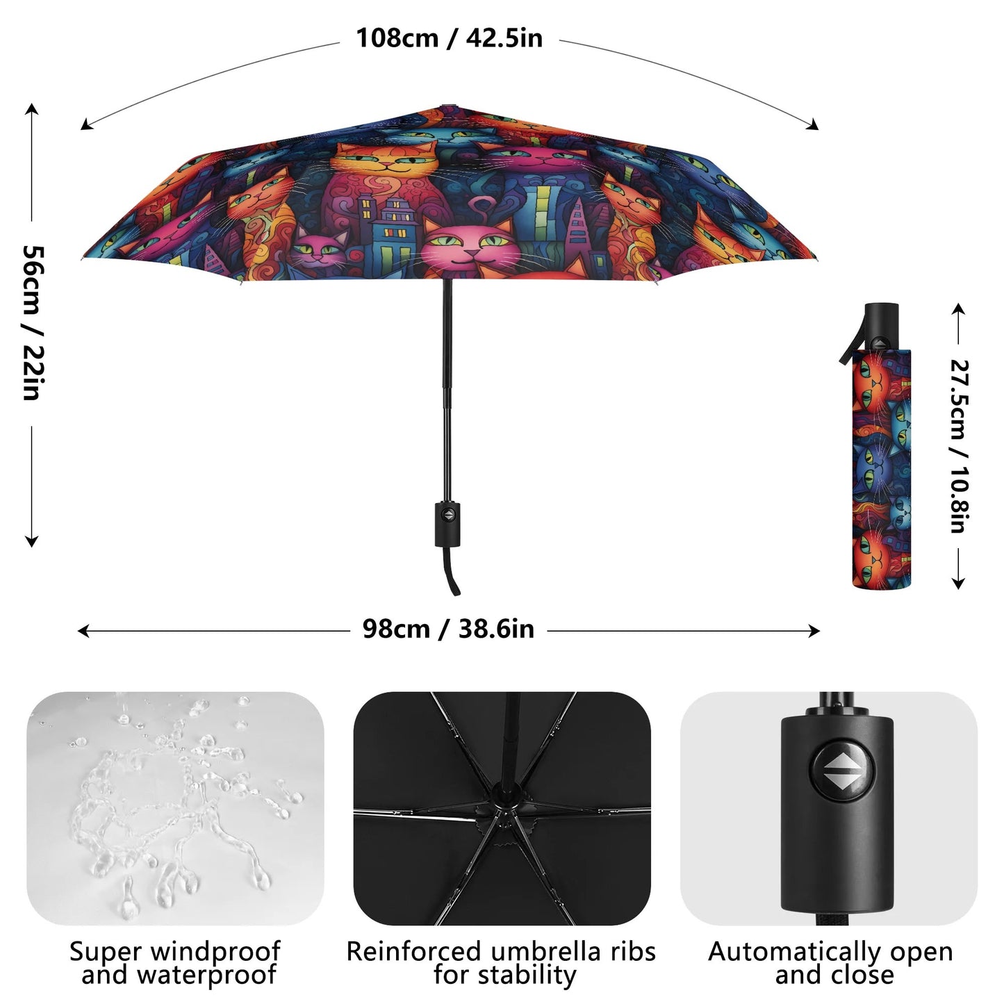 whimsical cat art umbrella with measurements and features on a white background