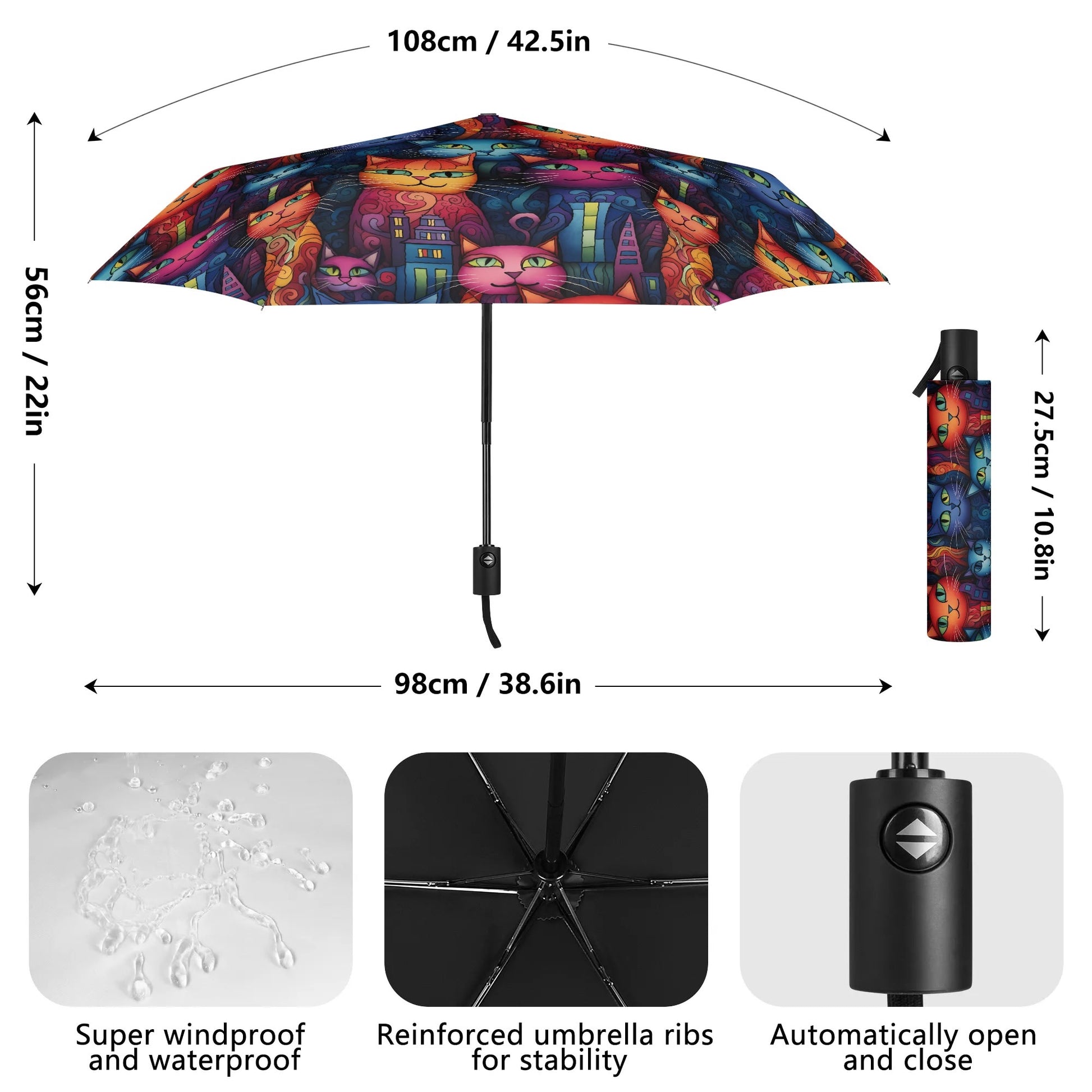 whimsical cat art umbrella with measurements and features on a white background