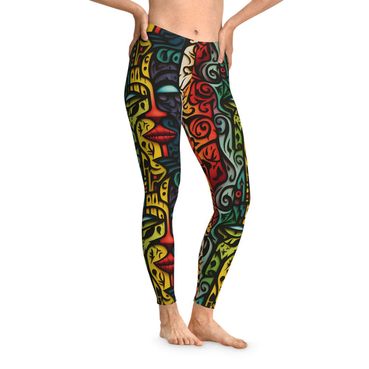 Front view of colorful art leggings featuring a bold abstract face design in vibrant red, yellow, green, and black tones. Perfect for yoga, workouts, or casual wear.