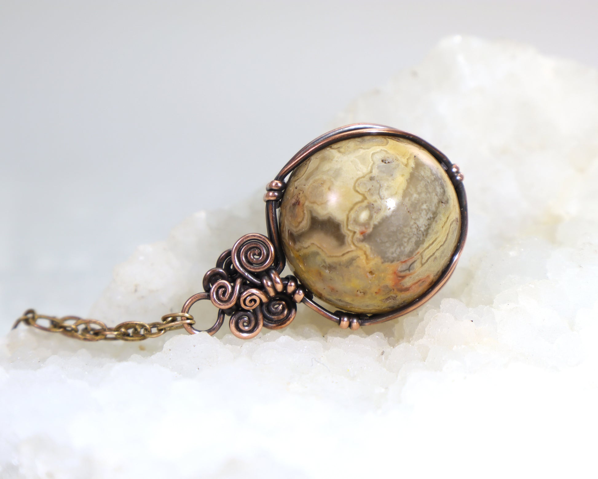 Wire wrapped crazy lace agate necklace handcrafted in copper