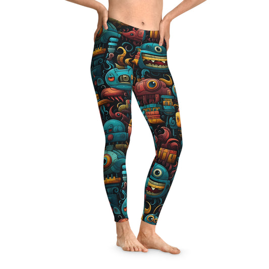 Front view of cute robot leggings featuring a quirky and bold sci-fi design. Great for yoga, workouts, or casual wear.