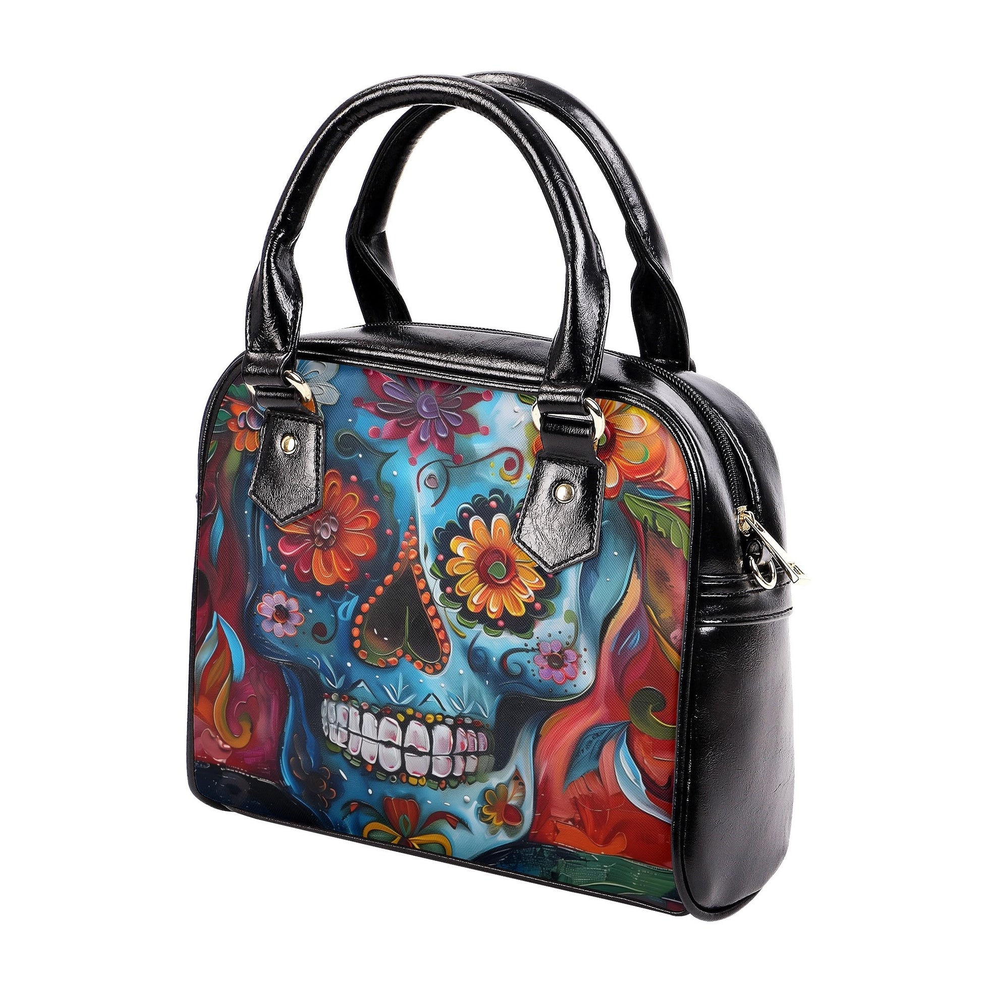 Back view of the handbag showcasing the same bold sugar skull artwork, perfect for colorful fashion lovers.
