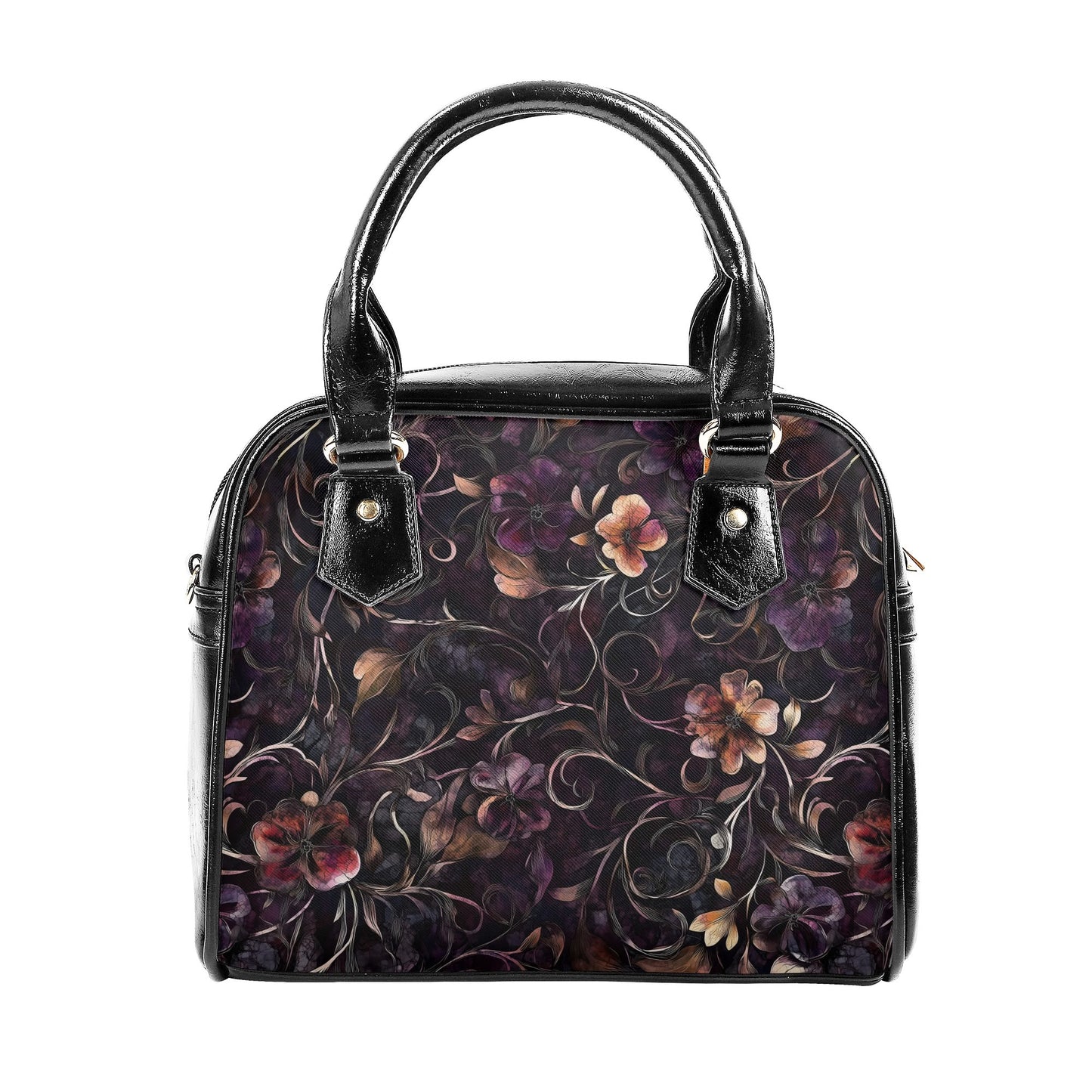 A dark purple floral handbag with a crossbody design, featuring a patterned fabric and black leather accents.
