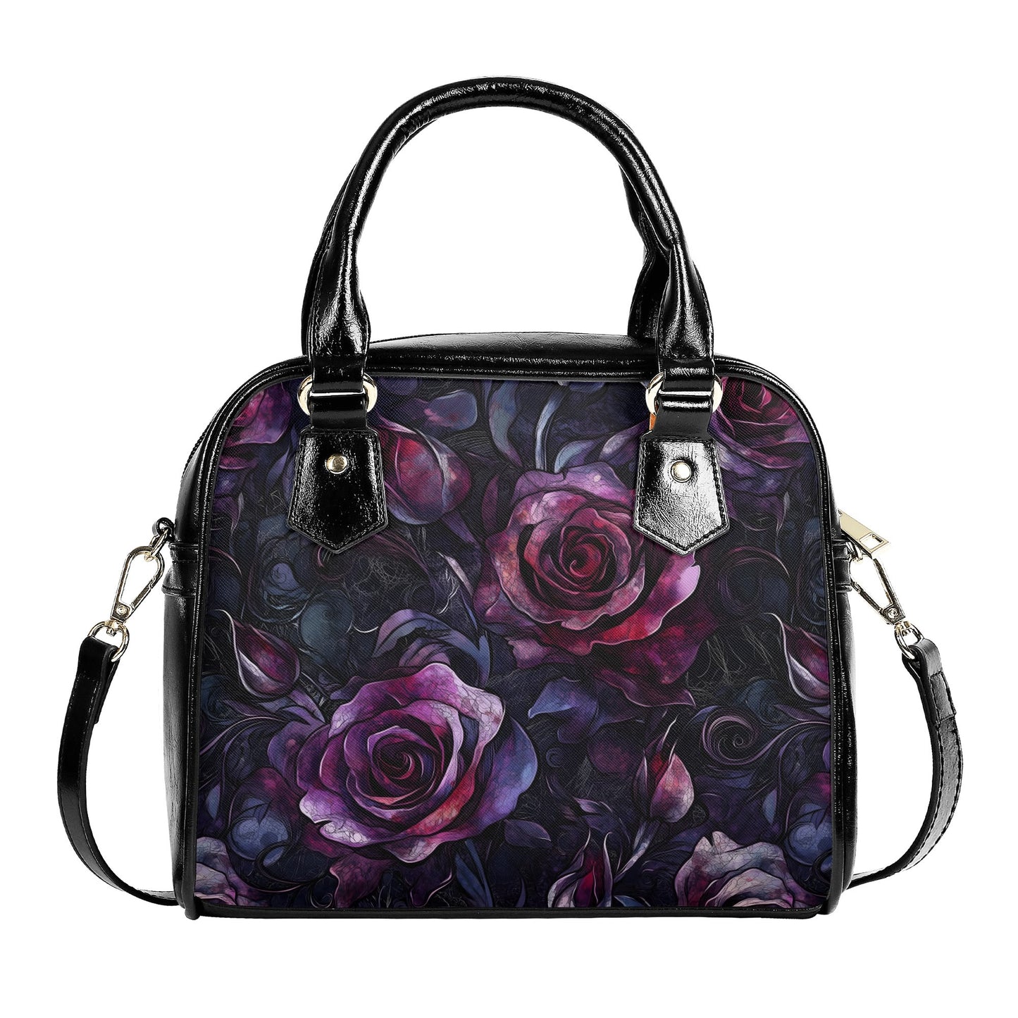A dark purple and black floral PU leather handbag with a shoulder strap and handles, featuring a bold gothic design with large rose patterns.