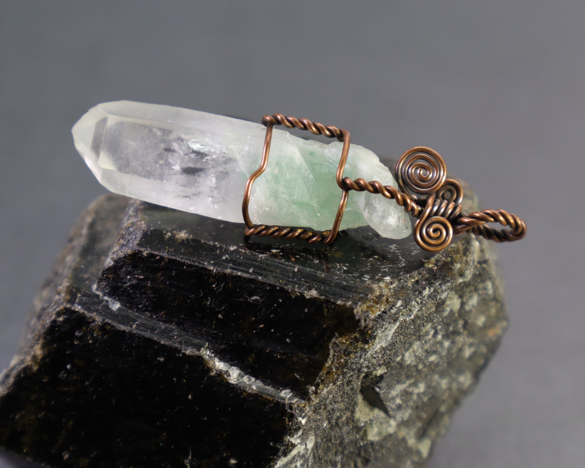 Raw fuchsite phantom quartz point pendant handmade in copper wire