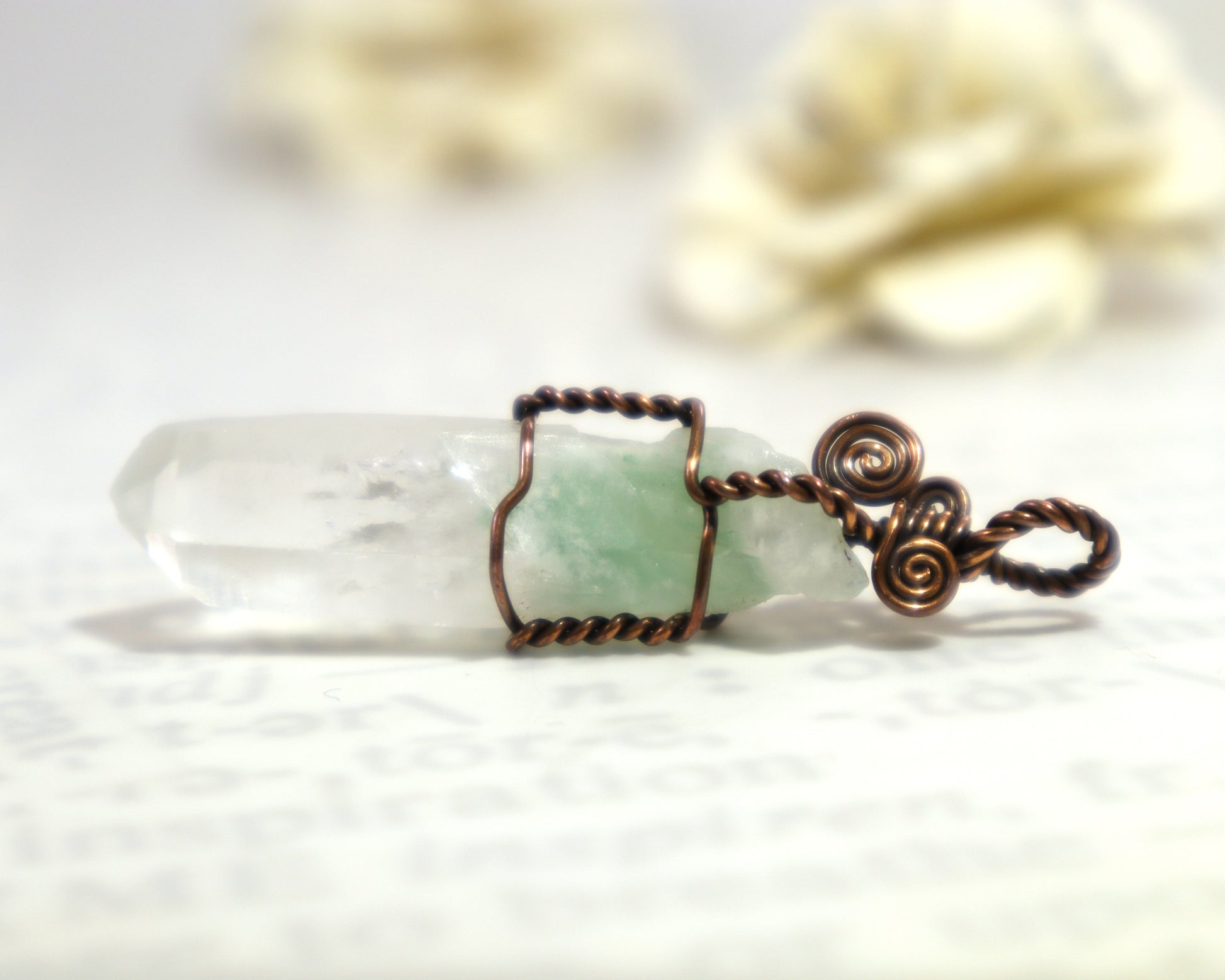 Handmade quartz crystal pendant with green fuchsite phantom inclusion