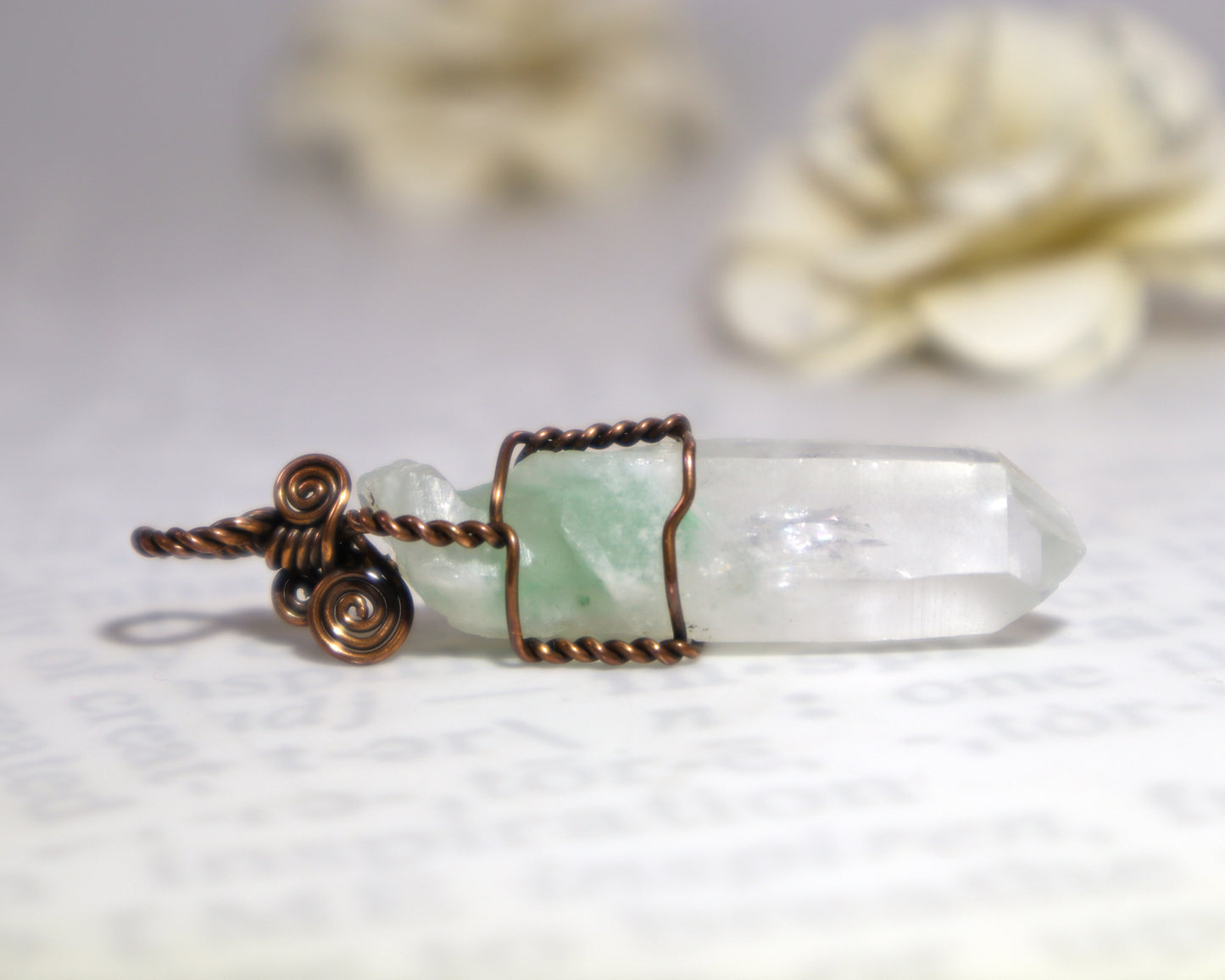 Green fuchsite phantom quartz crystal pendant wire wrapped in copper