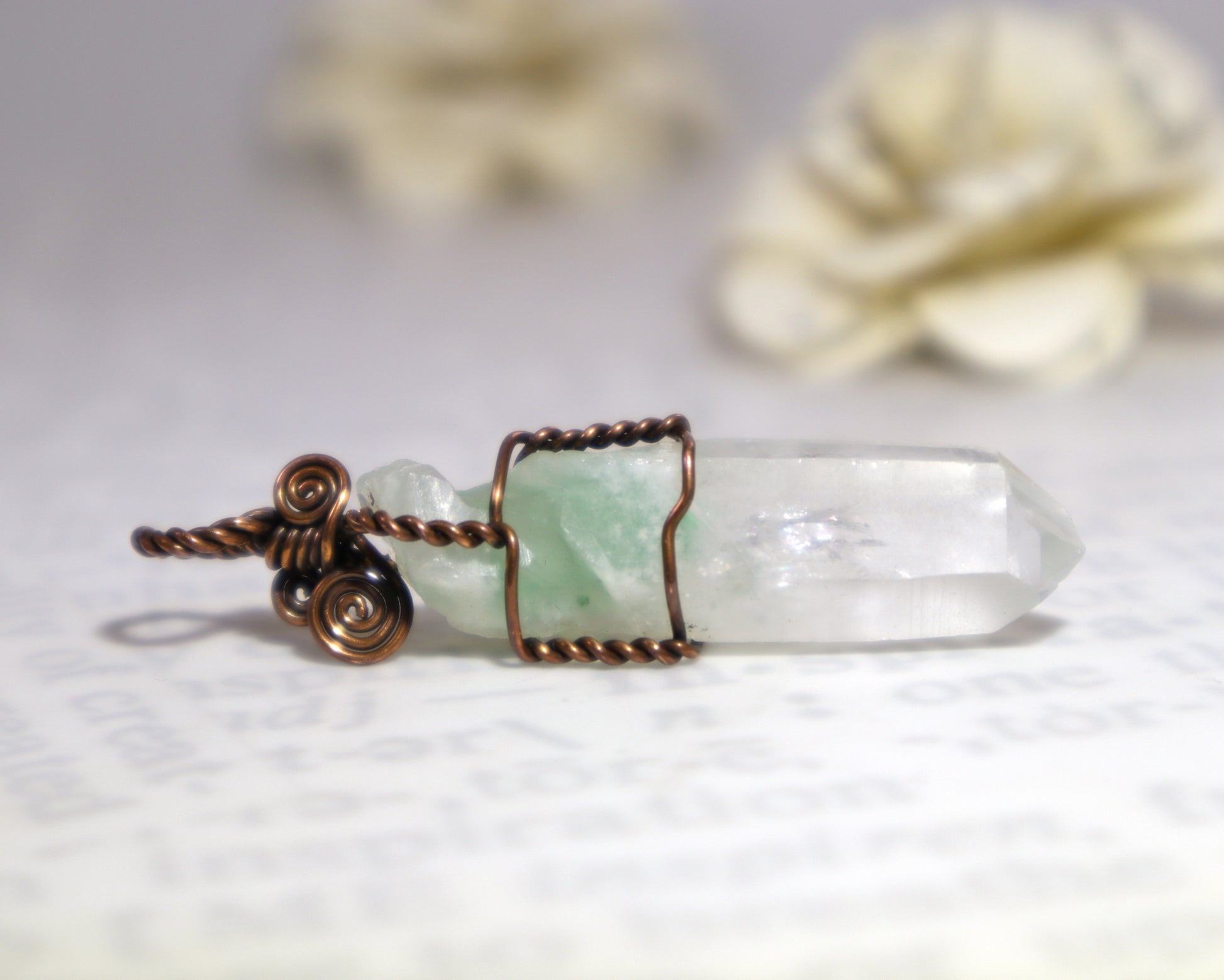 Green fuchsite phantom quartz crystal pendant wire wrapped in copper