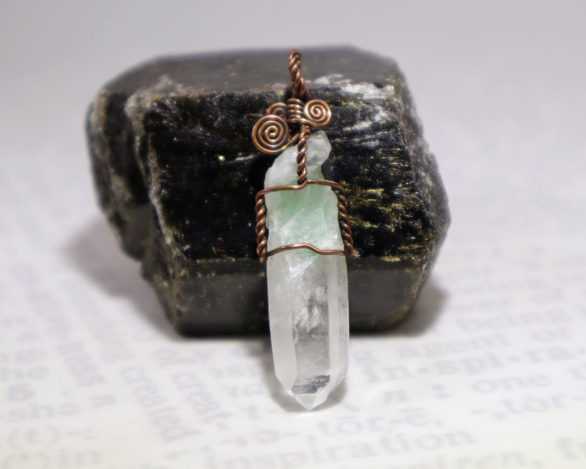 Heart chakra crystal pendant featuring green fuchsite phantom quartz