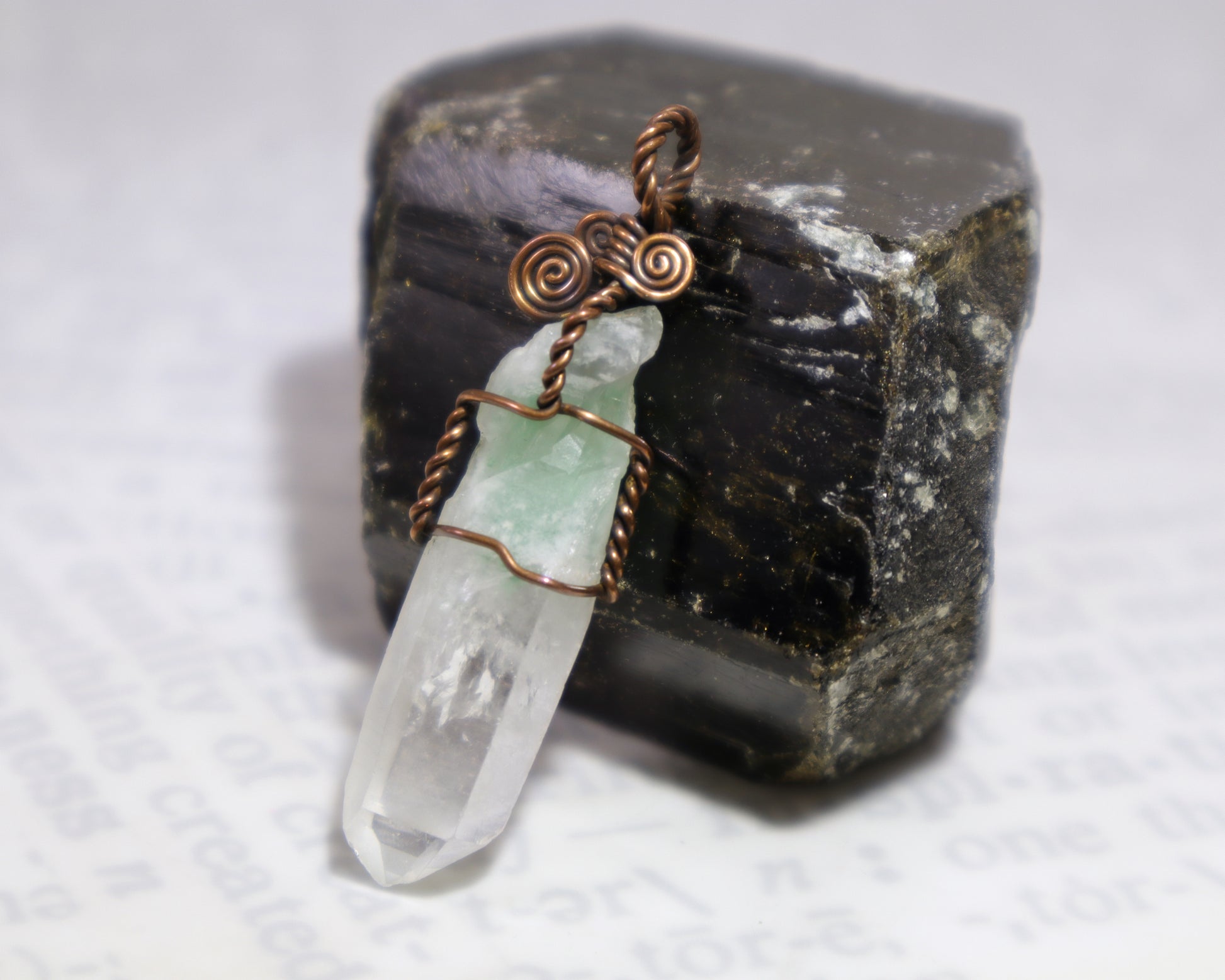 Wire wrapped green fuchsite quartz crystal point jewelry