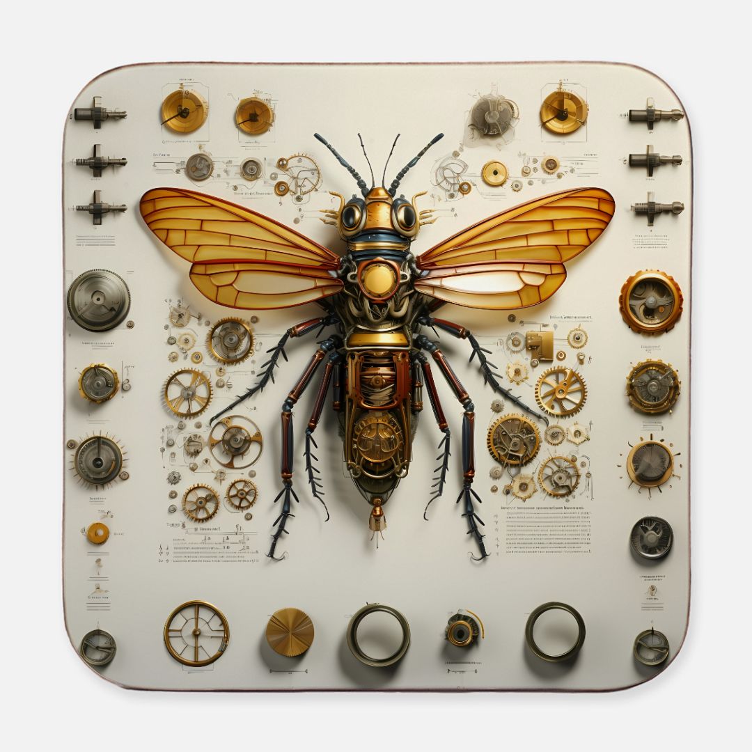 Steampunk gold Animatronic Bee Coaster: A golden robotic bee adorned with brass gears and mechanical details on a vintage cream background.