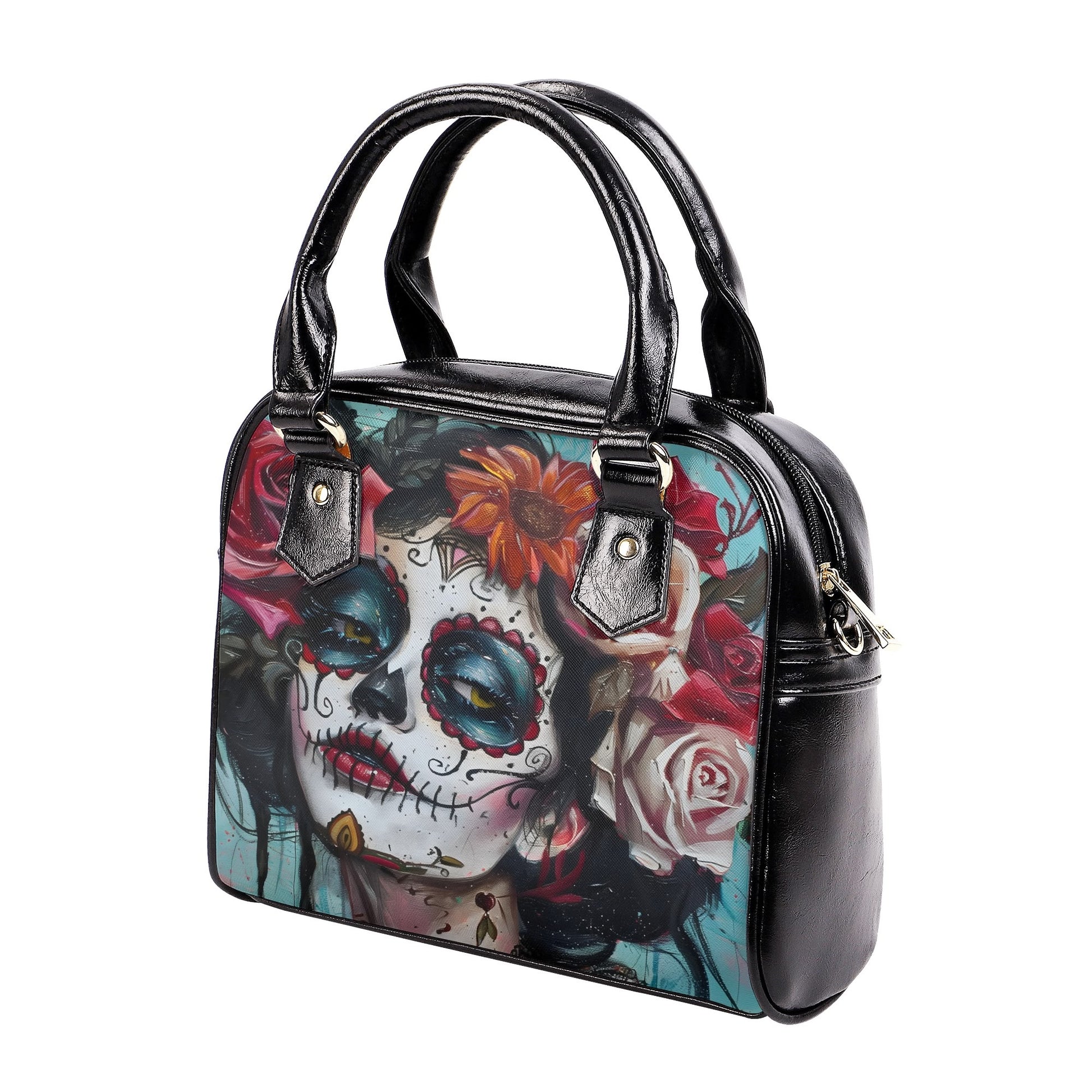 Back view showcasing the intricate sugar skull pinup girl design on durable PU leather.