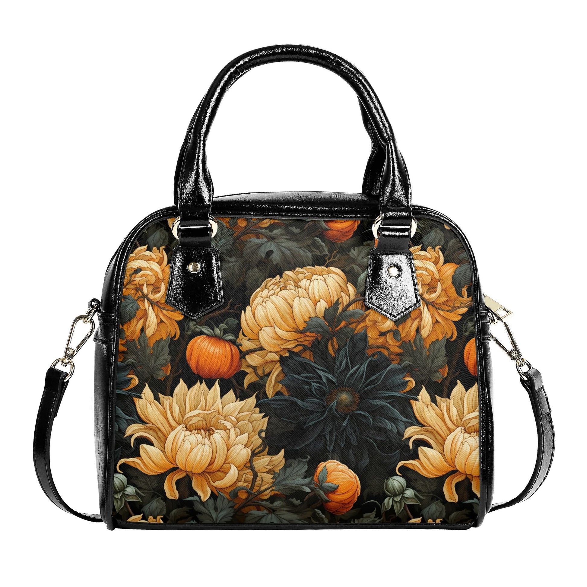 Orange peony handbag with detachable shoulder strap, gothic floral artwork, autumn flower pattern, and vegan leather construction