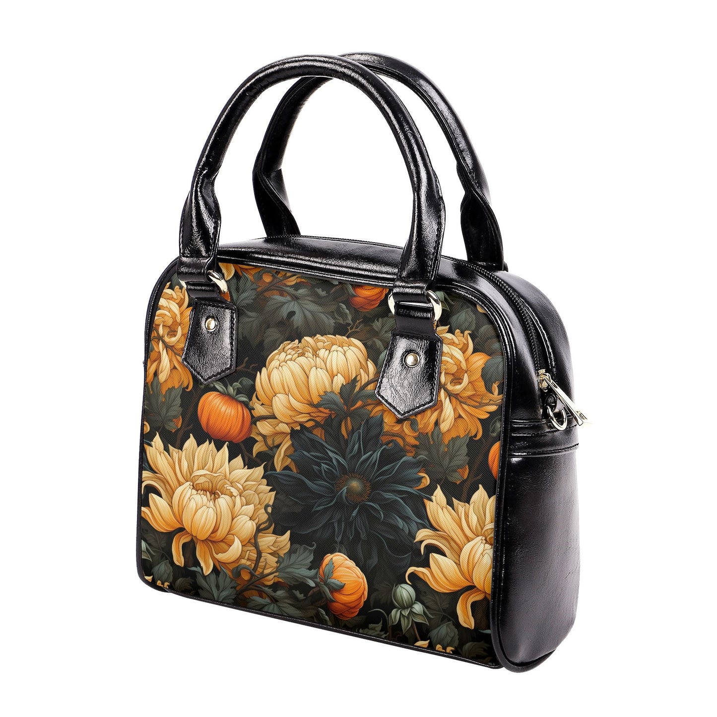 Dark floral handbag with golden peony flowers, moody botanical design, and black vegan leather sides, angled front view