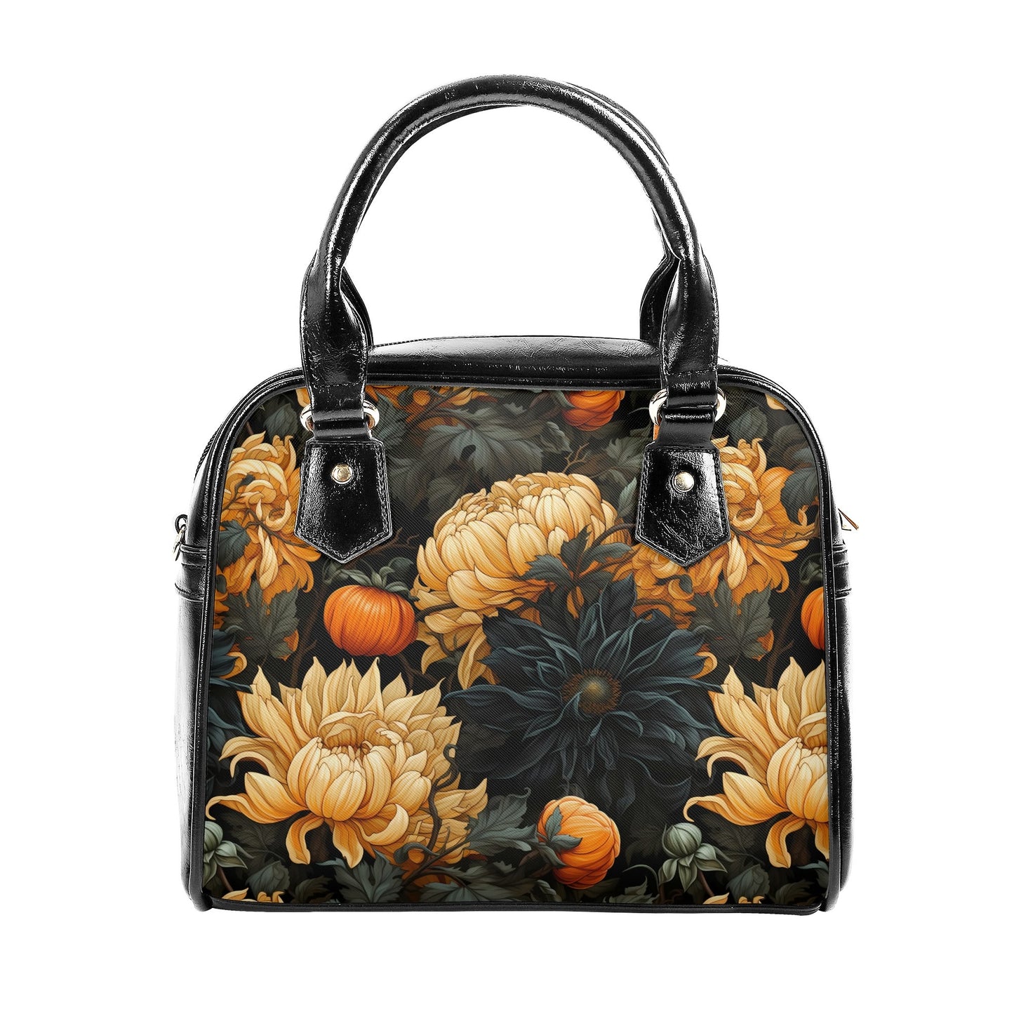 Gothic floral handbag featuring golden peonies, dark foliage, and autumn botanical artwork, front view vegan leather purse