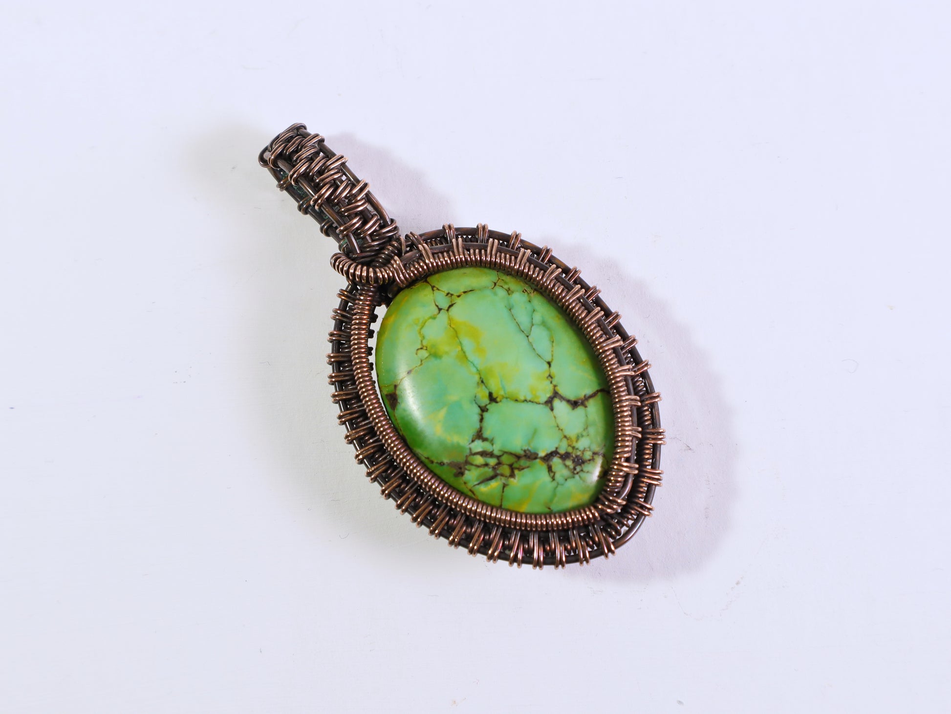 Artisan wire wrapped green jasper pendant handmade by Jennifer Shipley