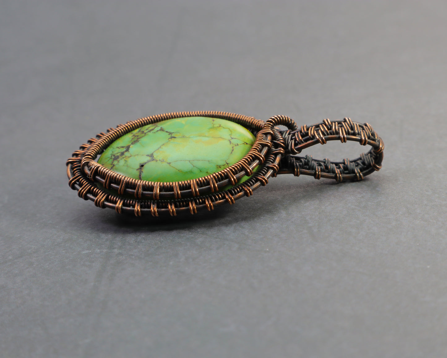Bright green jasper necklace pendant with natural matrix pattern