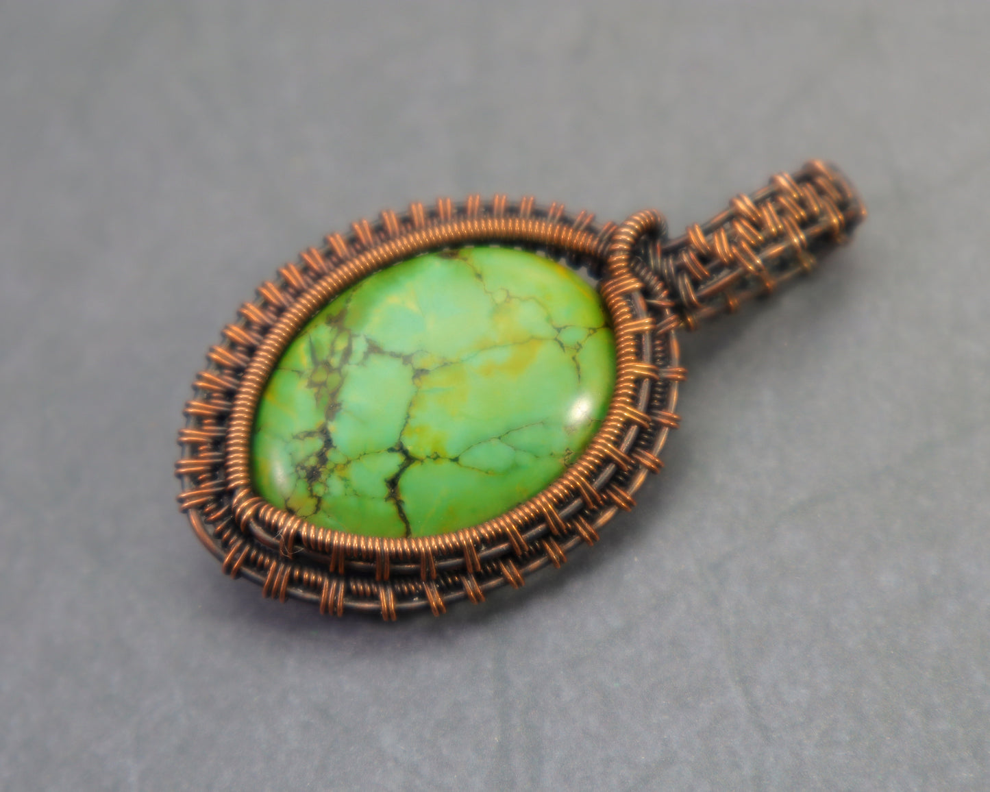 One of a kind green gemstone pendant with copper wire wrapping