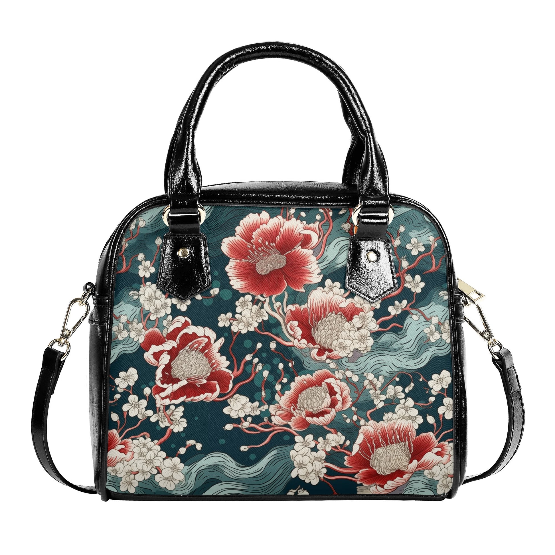 Asian-inspired floral handbag with red blossoms, white flowers, flowing water design, detachable shoulder strap, and vegan leather construction