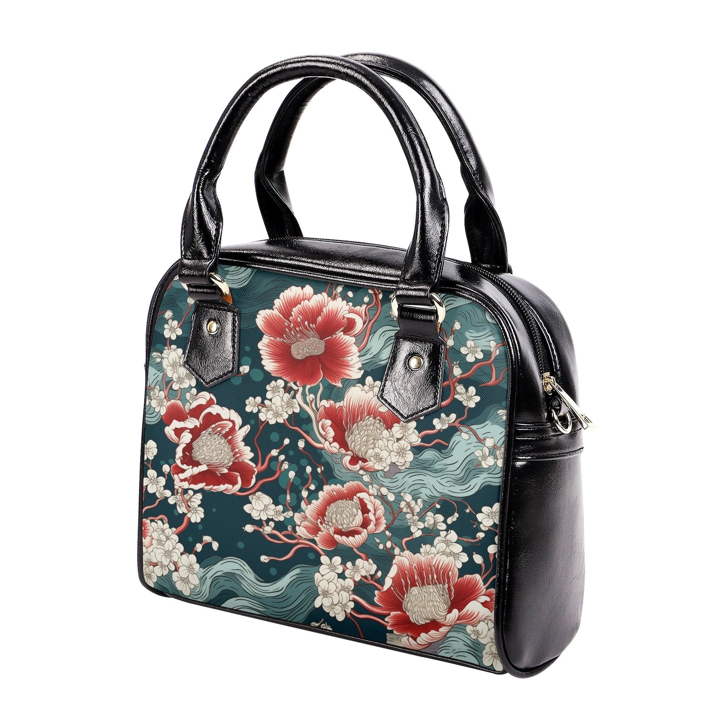 Elegant floral handbag with red peony-style blooms, cherry blossoms, and Japanese-inspired wave pattern, angled view with black handles