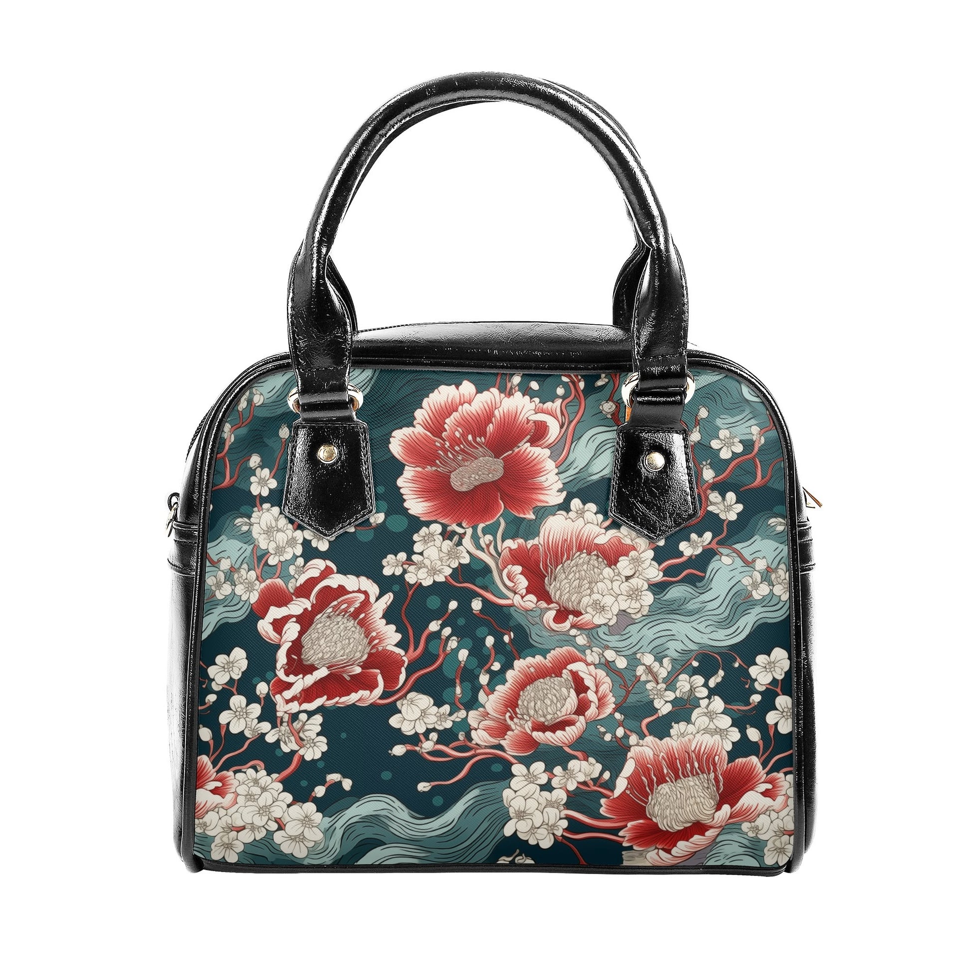 Japanese floral handbag featuring red blossoms, white cherry flowers, and flowing waves on a teal background, vegan leather purse front view