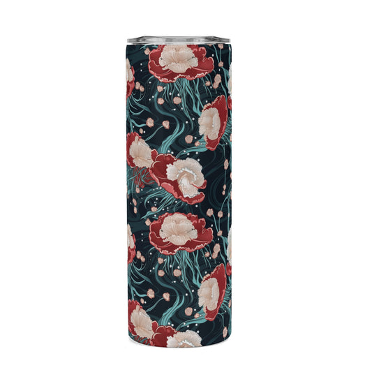 Insulated skinny tumbler with jellyfish floral pattern on a white background